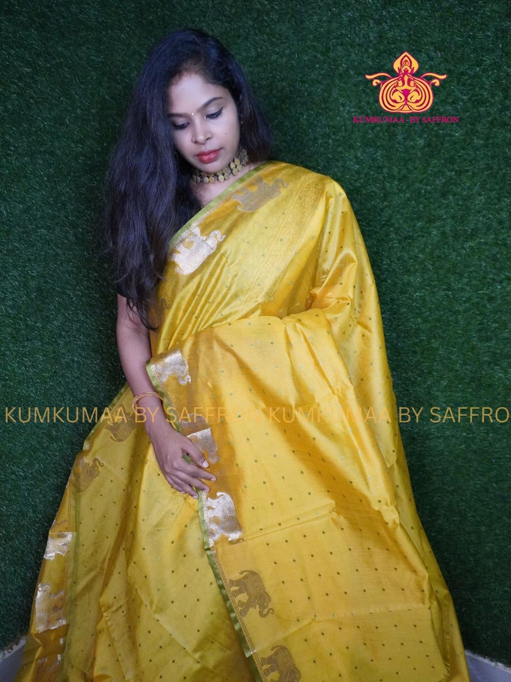 SILK COTTON - YELLOW WITH OLIVE GREEN COMBO - ELEPHANT WEAVING DESIGN SAREE- Beautiful saree for women - KUMKUMAA wedding saree