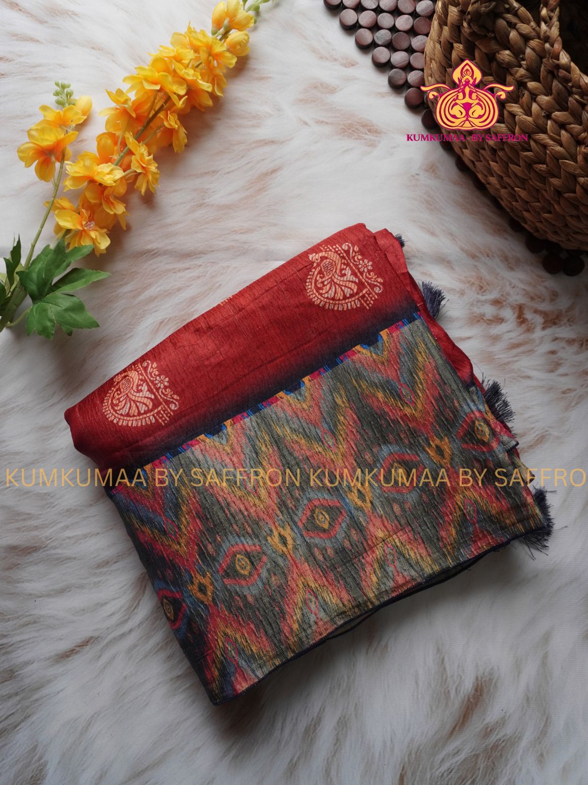 SEMI- TUSSAR SILK - RED AND MULTI COLOUR - PEACOCK DESIGN SAREE - CRUSHED BORDER - LATEST COLLECTION - KUMKUMAA BY SAFFRON - UNIQUE DESIGN