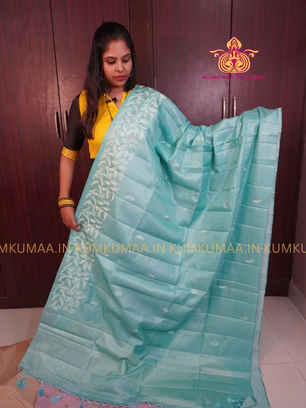 BUTTERSILK TUSSAR - TURQUOISE GREEN COLOUR - LEAF DESIGN SELF EMBROIDERED SAREE - EMBOSED SELF DESIGN - LATEST COLLECTION - KUMKUMAA BY SAFFRON - UNIQUE DESIGN
