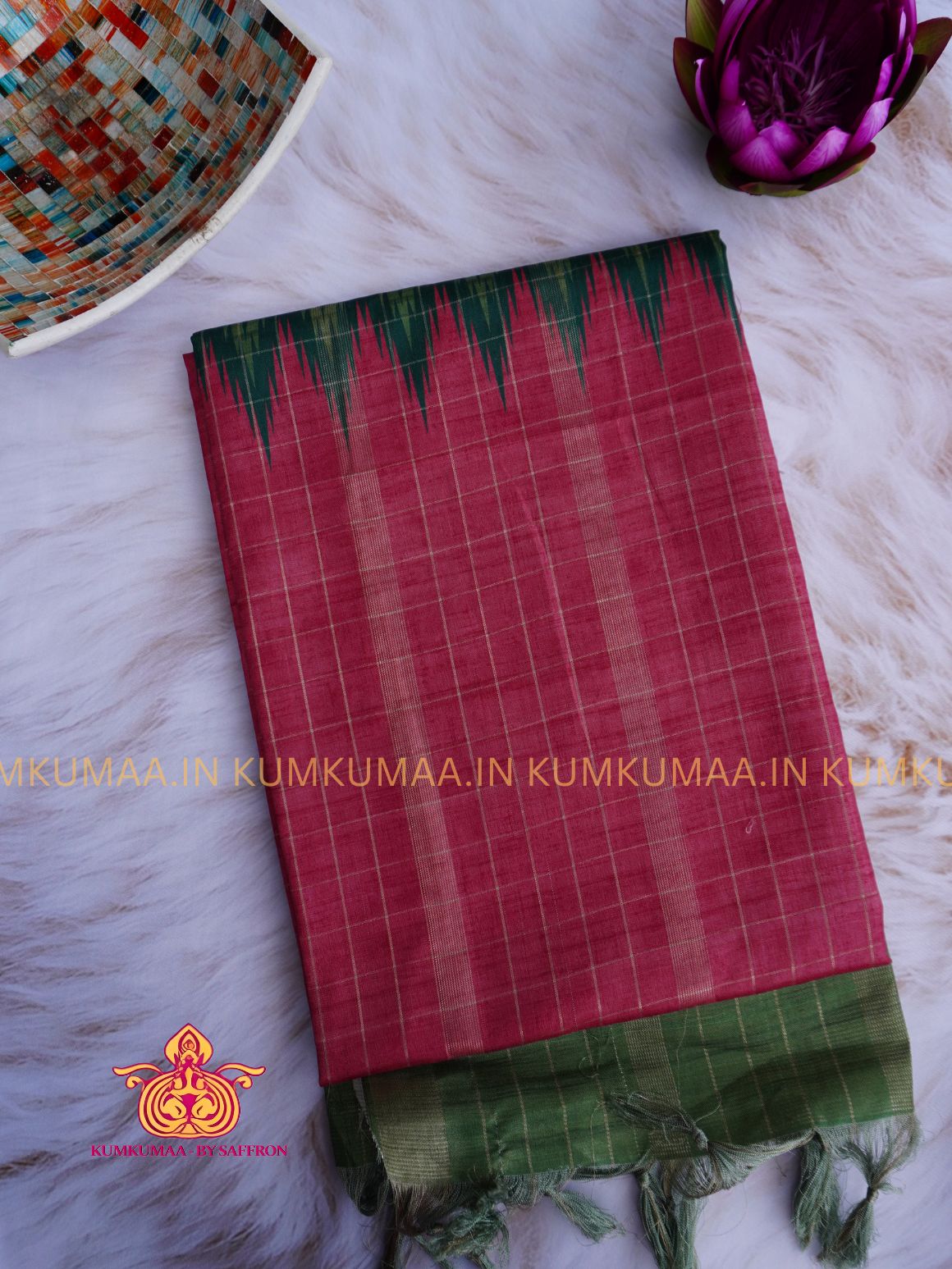 SOFT TUSSAR SILK - GREEN AND PINK COLOUR TEMPLE DESIGN SAREE- CHECKED PALLU - LATEST COLLECTION - KUMKUMAA BY SAFFRON - UNIQUE DESIGN