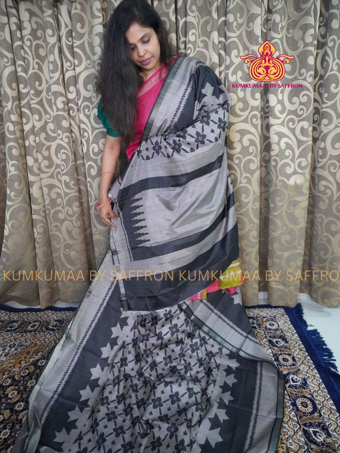 TUSSAR SILK - BLACK - GEOMETRIC PRINTED SAREE - STRIPED PATTERN SAREE - MINIMALISTIC BORDER - LATEST COLLECTION - KUMKUMAA BY SAFFRON - UNIQUE DESIGN