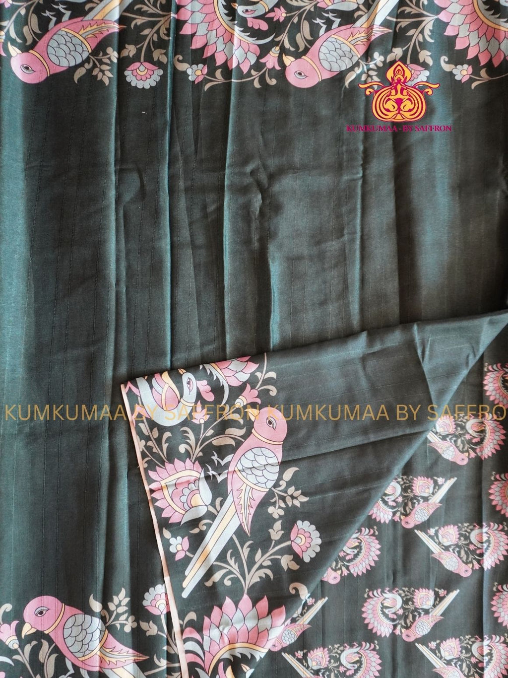 TUSSAR SILK - GREEN WITH PASTEL PARROT PRINTED SAREE - RICH AND BEAUTIFUL- KUMKUMAA BY SAFFRON - UNIQUE DESIGN