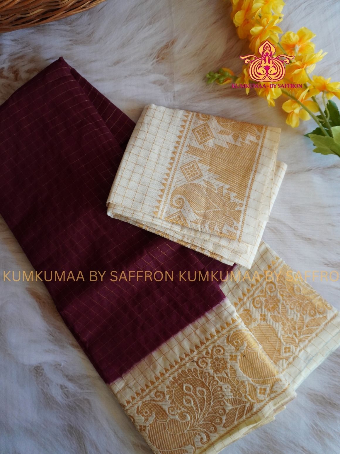 SUNGUDI COTTON- MAROON WITH WHITE BLOUSE - Kumkumaa comfort wear -Soft and breathable -Handloom
