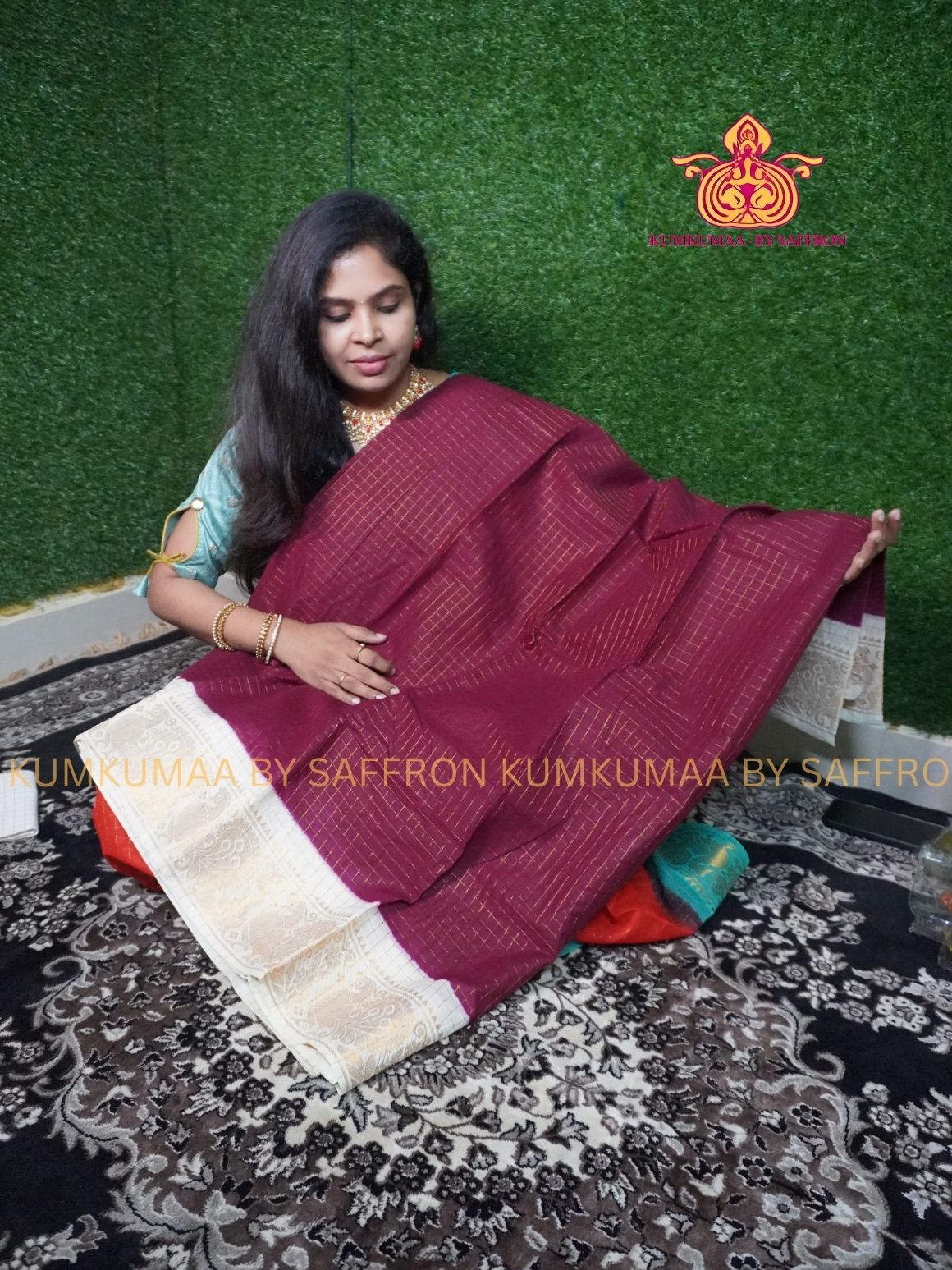 SUNGUDI COTTON- MAROON WITH WHITE BLOUSE - Kumkumaa comfort wear -Soft and breathable -Handloom