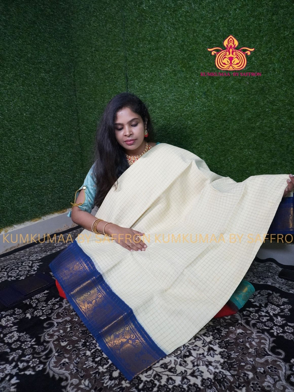 SUNGUDI COTTON- WHITE WITH NAVY BLUE BLOUSE - Kumkumaa comfort wear -Soft and breathable -Handloom