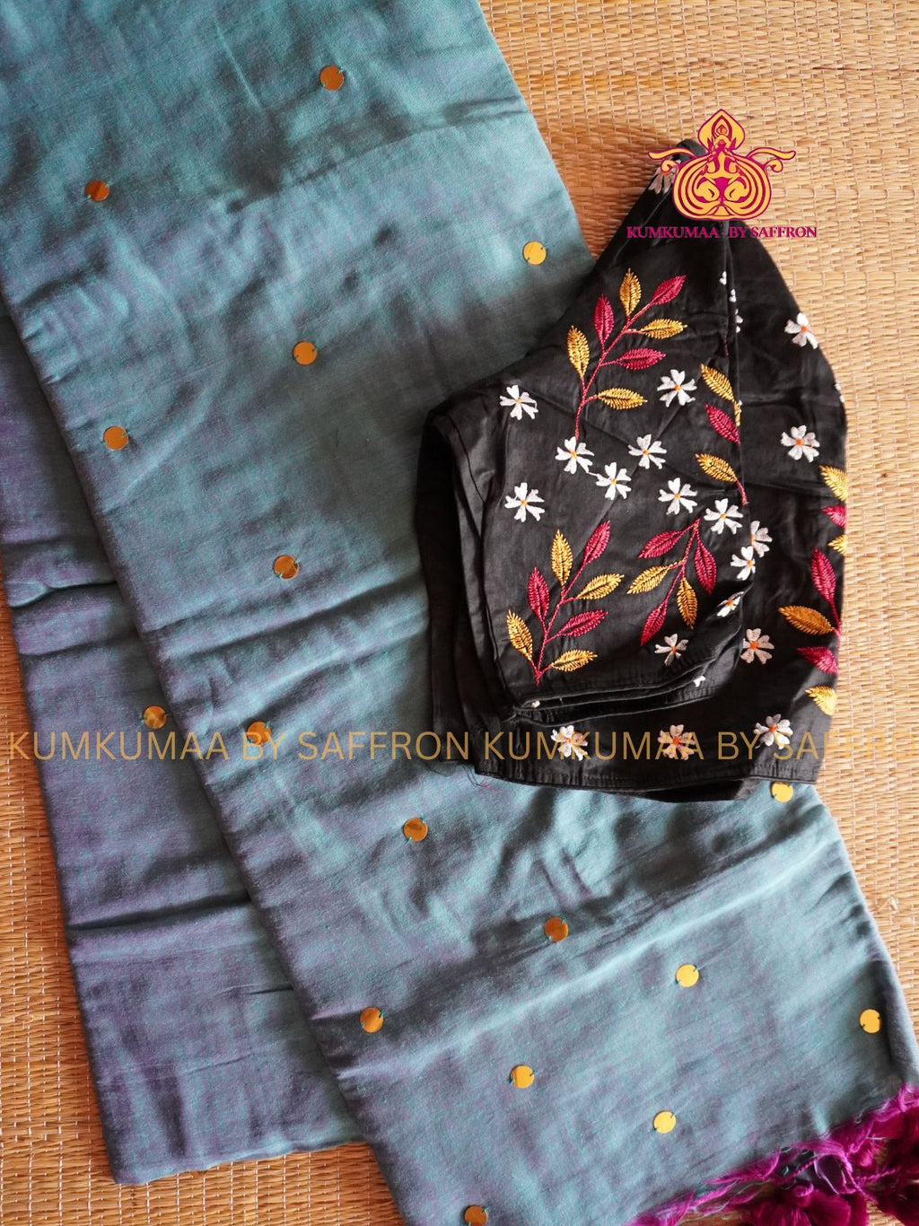 KATHI COTTON- BLUE GRAY SAREE WITH SEQUENCE EMBROIDERY- EXTRA BLOUSE WITH EMBROIDERY DESIGN - Kumkumaa Exclusive SOFT KADHI COTTON - FANCY COMFORT