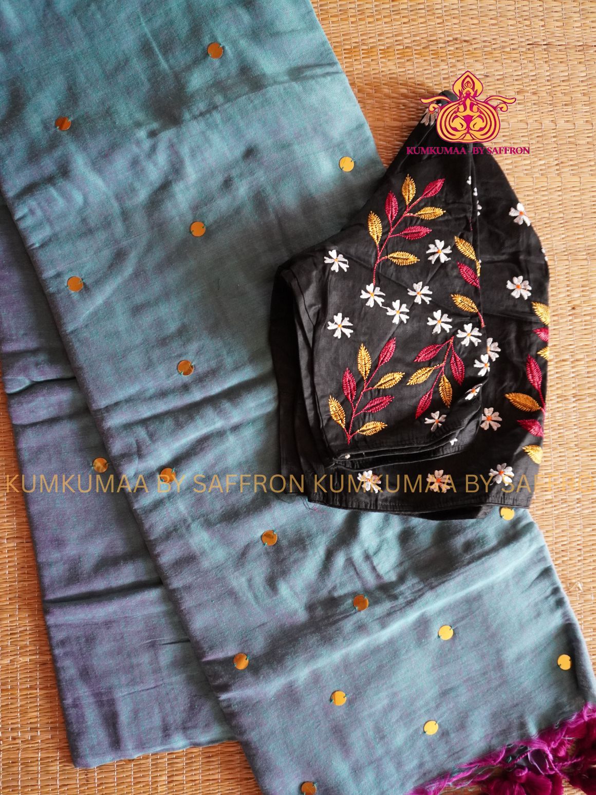 KATHI COTTON- BLUE GRAY SAREE WITH SEQUENCE EMBROIDERY- EXTRA BLOUSE WITH EMBROIDERY DESIGN - Kumkumaa Exclusive SOFT KADHI COTTON - FANCY COMFORT