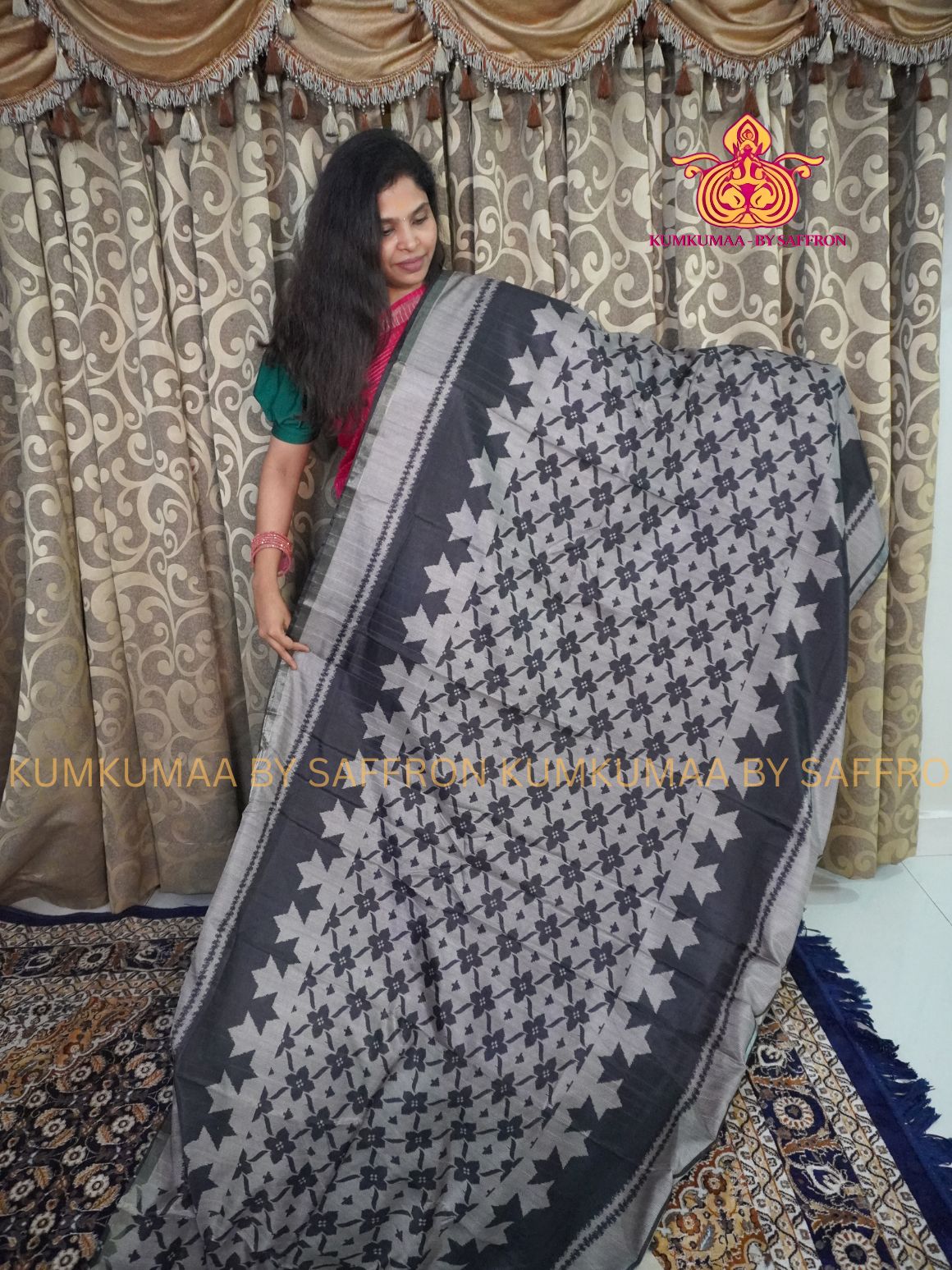 TUSSAR SILK - BLACK - GEOMETRIC PRINTED SAREE - STRIPED PATTERN SAREE - MINIMALISTIC BORDER - LATEST COLLECTION - KUMKUMAA BY SAFFRON - UNIQUE DESIGN