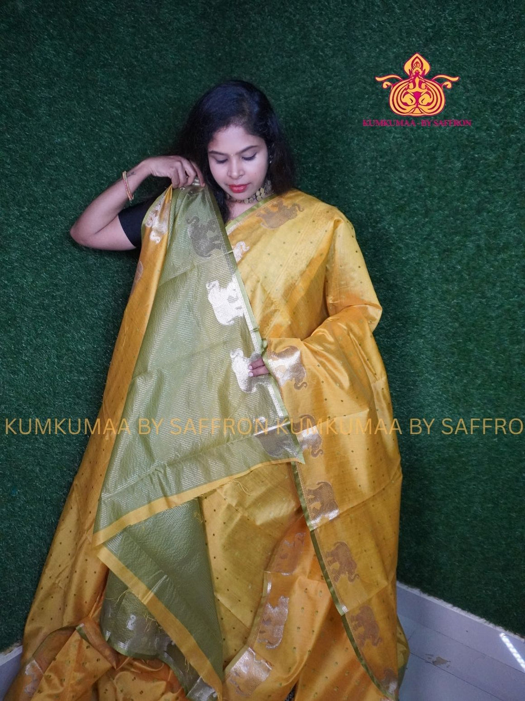 SILK COTTON - YELLOW WITH OLIVE GREEN COMBO - ELEPHANT WEAVING DESIGN SAREE- Beautiful saree for women - KUMKUMAA wedding saree