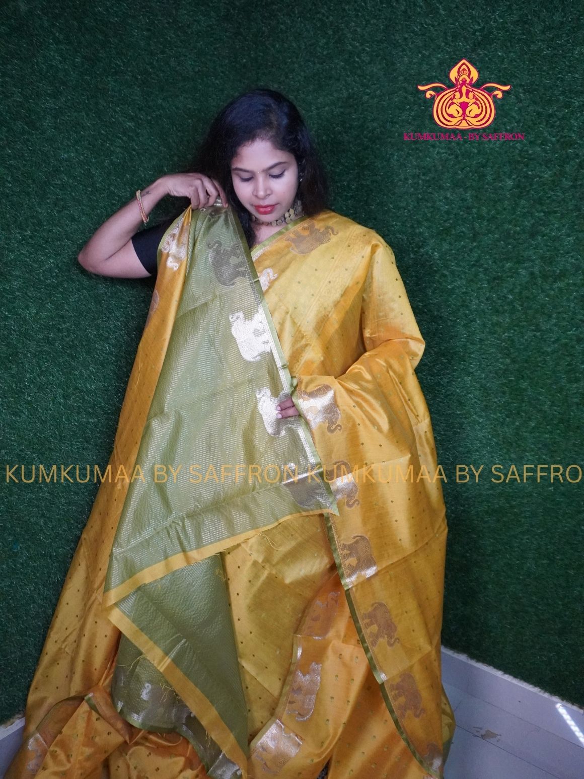 SILK COTTON - YELLOW WITH OLIVE GREEN COMBO - ELEPHANT WEAVING DESIGN SAREE- Beautiful saree for women - KUMKUMAA wedding saree