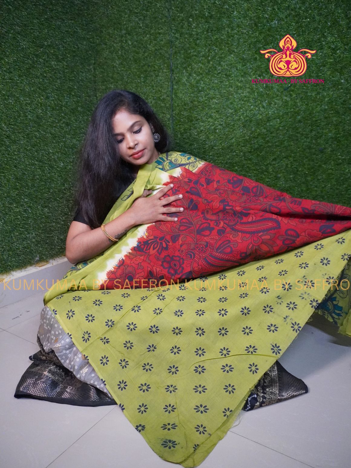 MUL COTTON-RED & APPLE GREEN SAREE WITH BLOUSE - KALAMKARI PRINT- SOFTEST EVERYDAY WEAR - BEST COTTON SAREE- COMFORT AND TRENDY - STYLE WITH COMFORT - Kumkumaa EVERYDAY SAREE