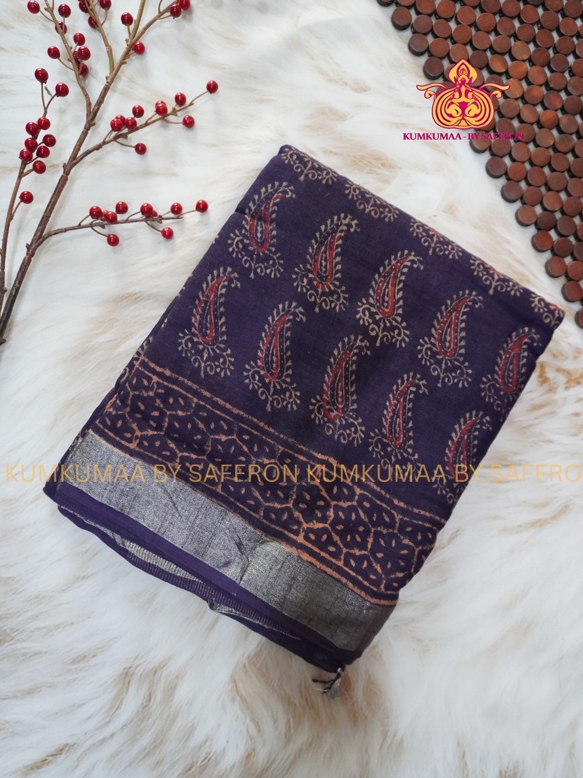 LINEN COTTON- BLUE WITH FLORAL DESIGN PRINTED SAREE- Soft and comfortable everyday wear saree - WITH BLOUSE - Kumkumaa exclusive - Comfort wear Collection- Trendy and comfortable
