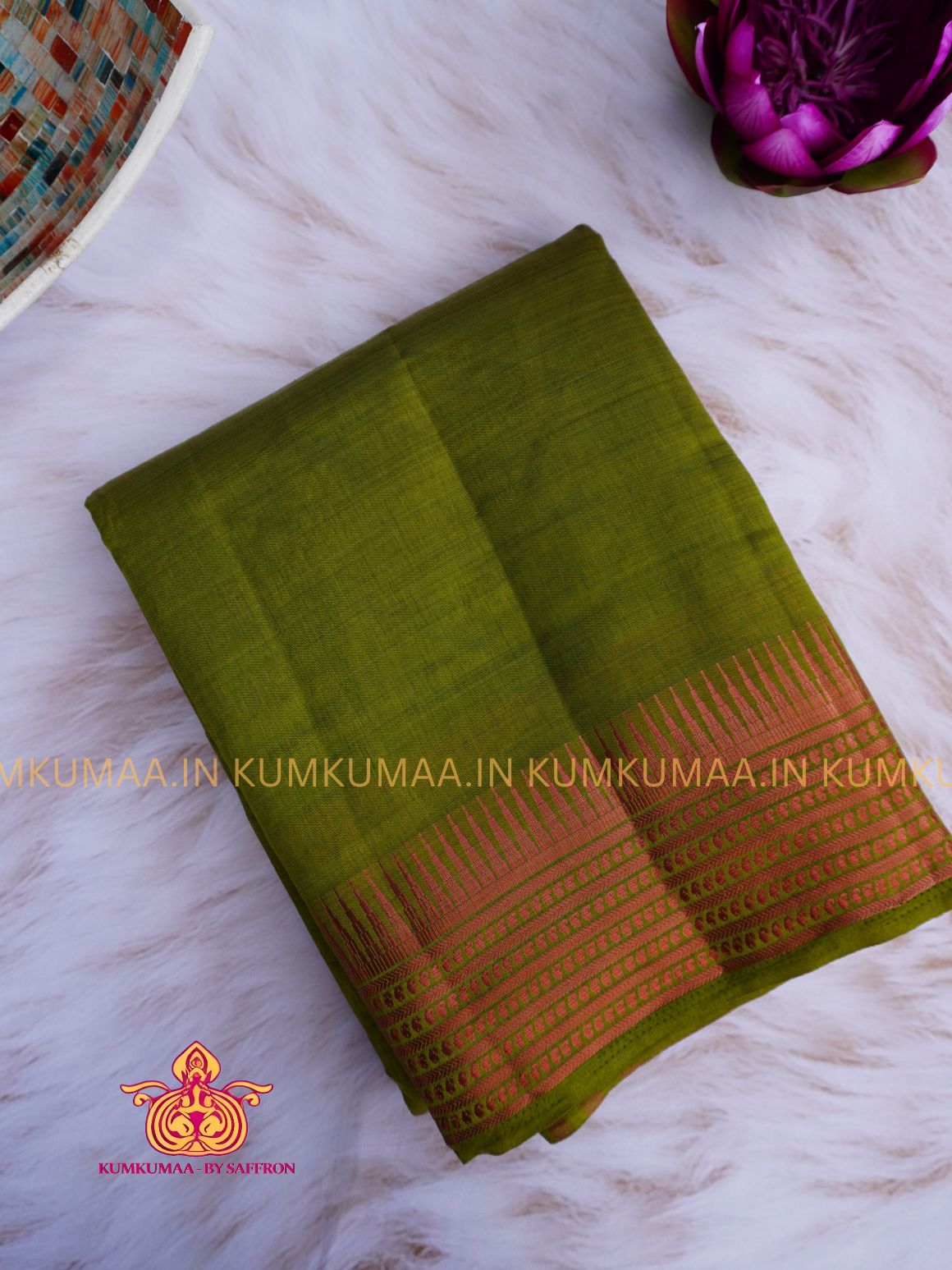 RAW SILK SAREE - MEHANDI GREEN SAREE WITH TEMPLE DESIGN BORDER - ETHNIC WEAR - EXCLUSIVE KUMKUMAA COLLECTION- RAW SILK MATERIAL - PREMIUM QUALITY -FESTIVE