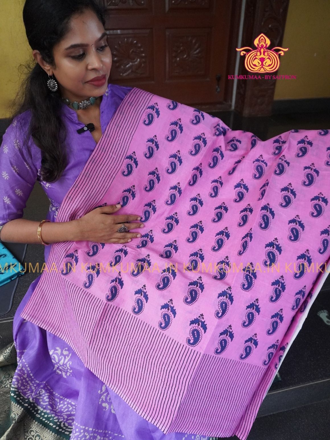 MUL COTTON-PINK & BLACK SAREE WITH BLOUSE - MANGO PRINT- SOFTEST EVERYDAY WEAR - BEST COTTON SAREE- COMFORT AND TRENDY - STYLE WITH COMFORT - Kumkumaa EVERYDAY SAREE