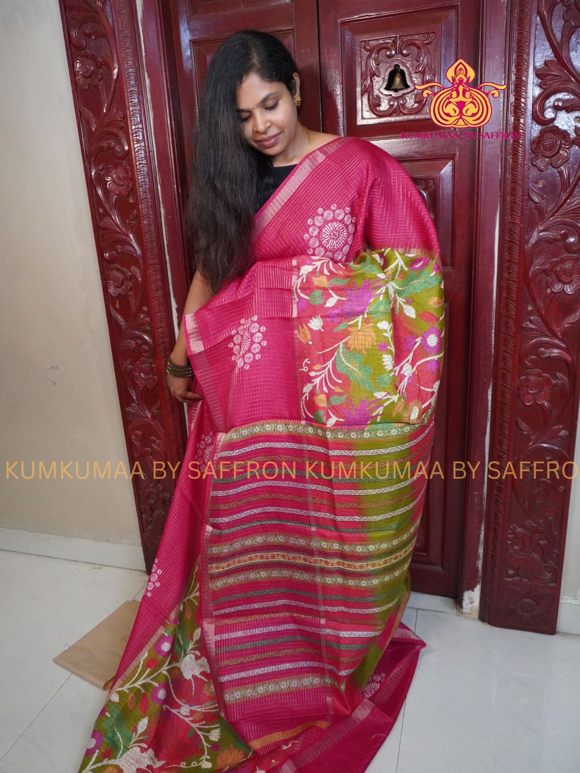 COTTON SILK- BRIGHT PINK AND GREEN SAREE WITH BLOUSE - MINIMALISTIC BORDER -FLORAL DESIGN PRINTED- Kumkumaa FESTIVE - SELF BLOUSE - OCCASION ELEGANCE - STYLISH AND BEAUTIFUL