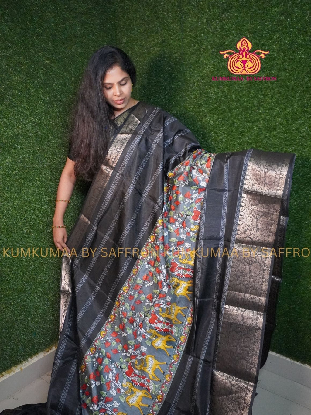 Dola Silk - COMFORTABLE FESTIVE Beautiful saree for women- BLACK - FOREST PRINT DESIGN - ZARI BORDER - KUMKUMAA TRENDY TRADITIONAL WEAR - Comfort - Confidence - Elegance