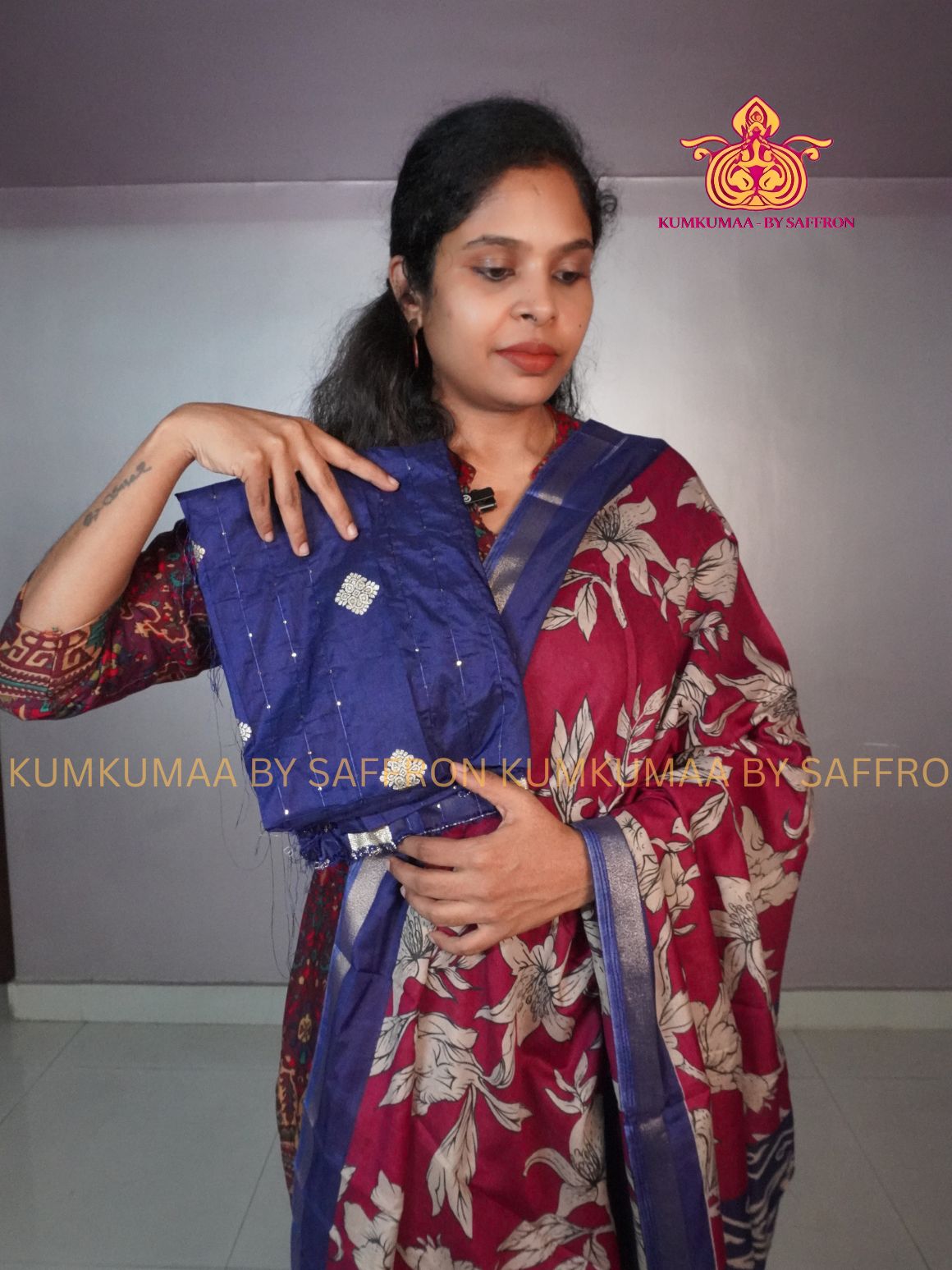 MUL COTTON SILK- HOT PINK SAREE WITH BLUE BANARASI BLOUSE -FLORAL DOTS DESIGN - Kumkumaa FESTIVE - OCCASION ELEGANCE - STYLISH AND BEAUTIFUL