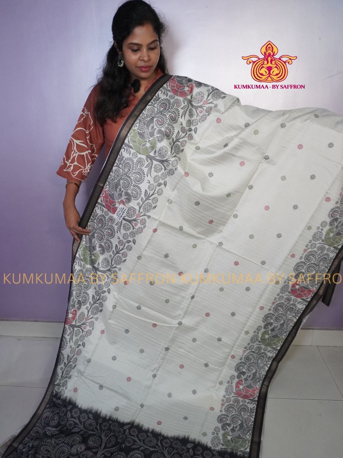 TUSSAR SILK -WHITE WITH BLACK FLORAL PRINTED SAREE - LATEST COLLECTION - KUMKUMAA BY SAFFRON - UNIQUE DESIGN