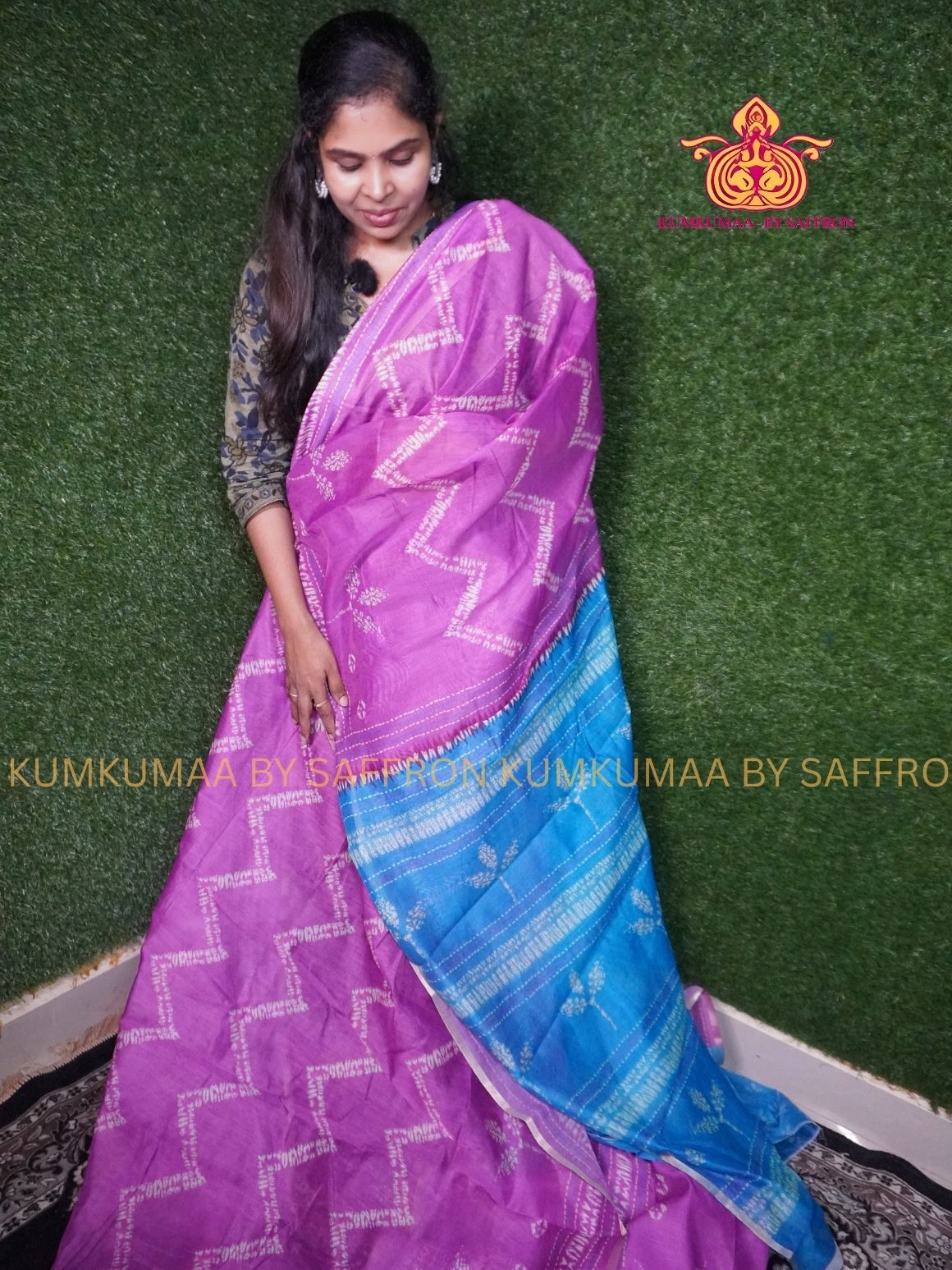 CHANDERI COTTON - PINKISH PURPLE WITH BLUE- TIE DYE DESIGN- PROFESSIONAL WEAR- MINIMALIST BORDER - LATEST COLLECTION - KUMKUMAA BY SAFFRON - ELITE DESIGN