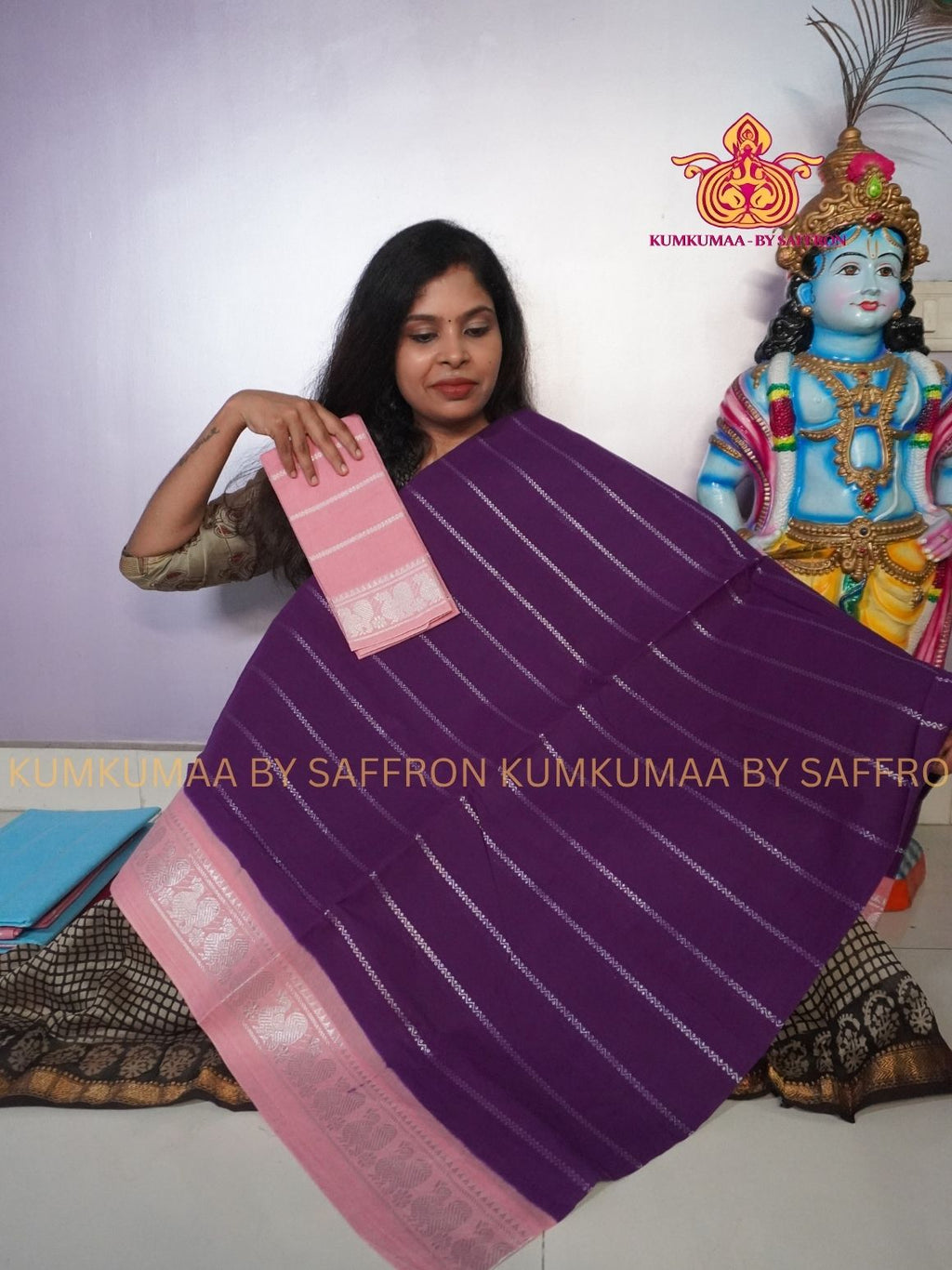 SUNGUDI COTTON- PURPLE SAREE WITH VELDARI DESIGN BLOUSE BABY PINK - Kumkumaa comfort wear -Soft and breathable -Handloom
