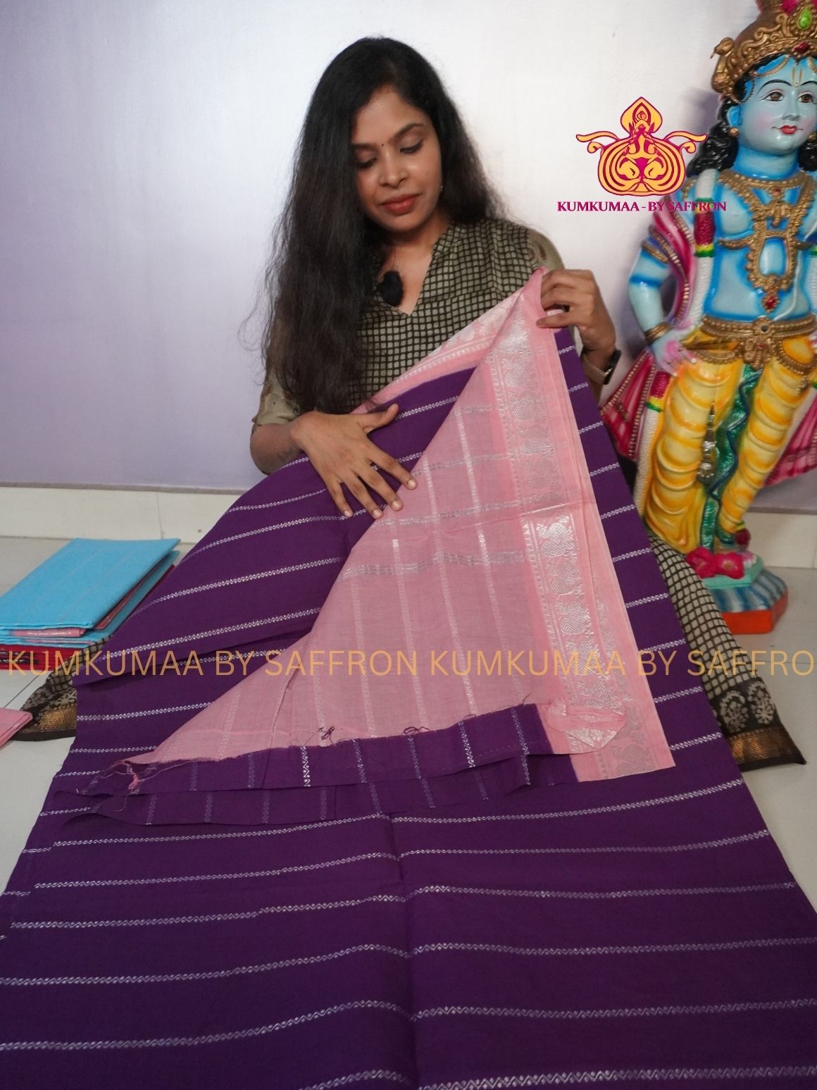 SUNGUDI COTTON- PURPLE SAREE WITH VELDARI DESIGN BLOUSE BABY PINK - Kumkumaa comfort wear -Soft and breathable -Handloom