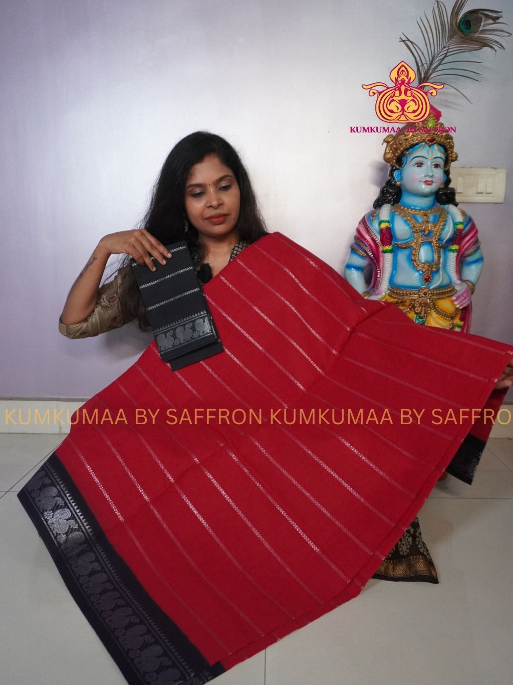 SUNGUDI COTTON- ROYAL RED SAREE WITH VELDARI DESIGN- BLOUSE BLACK - Kumkumaa comfort wear -Soft and breathable -Handloom