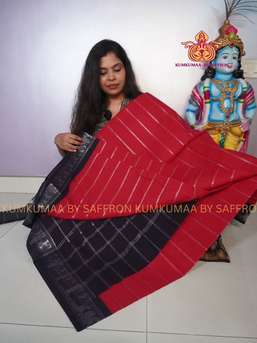 SUNGUDI COTTON- ROYAL RED SAREE WITH VELDARI DESIGN- BLOUSE BLACK - Kumkumaa comfort wear -Soft and breathable -Handloom