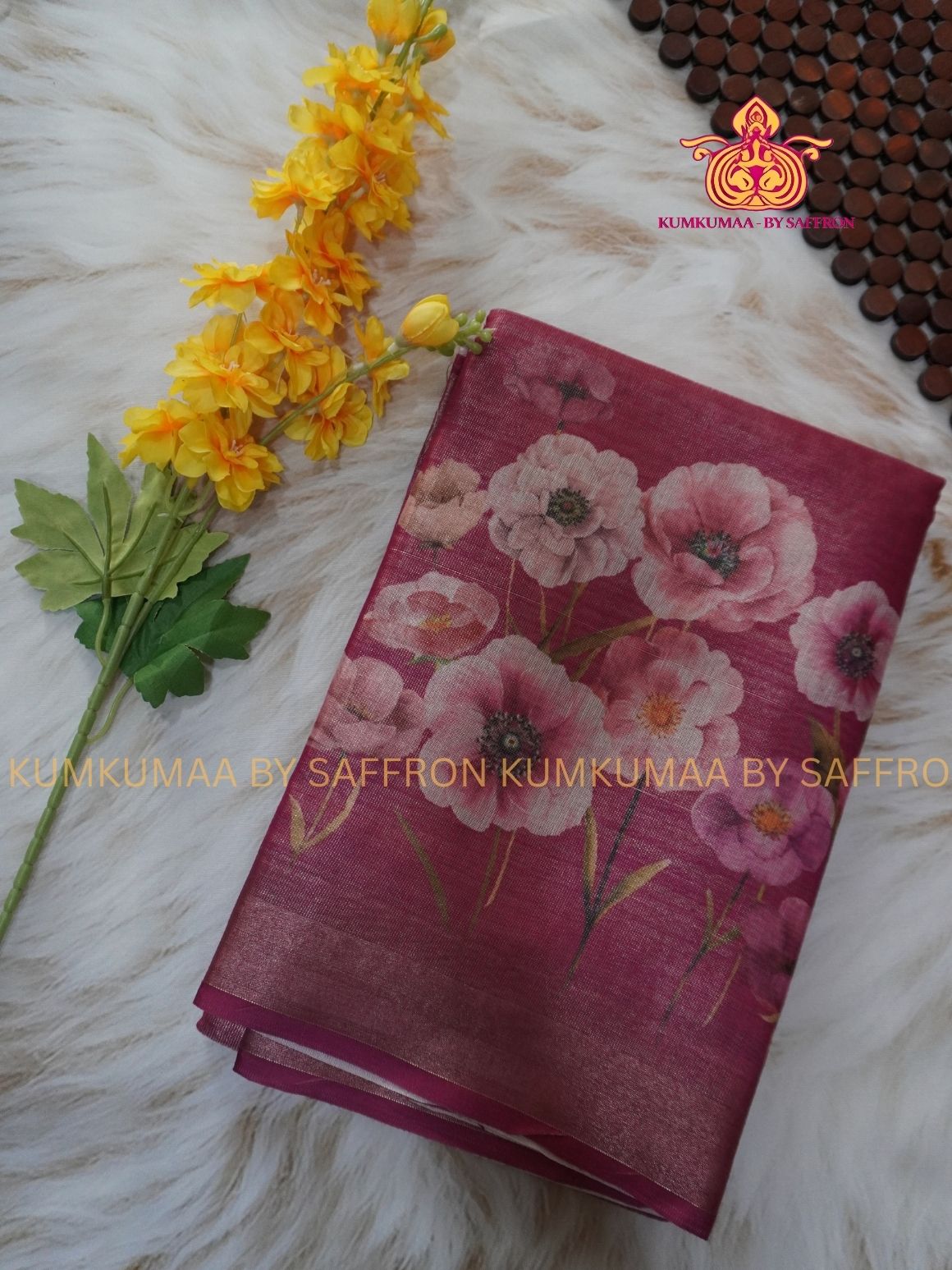 TISSUE LINEN COTTON- PINK COLOUR SAREE- FLORAL DESIGN - ELEGANT TRENDY SAREE - WITH BLOUSE - Kumkumaa exclusive - Comfort wear Collection- Trendy and comfortable