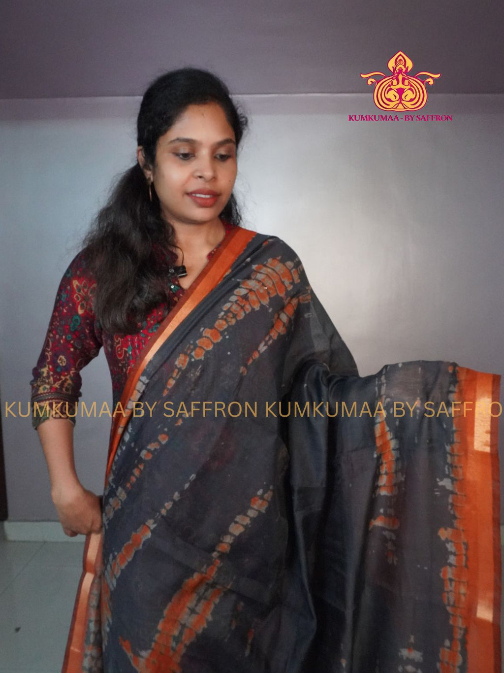 SOFT COTTON - BLACK GREEN AND ORANGE COLOUR - SHIBORI DESIGN SAREE - ZARI MINIMALIST BORDER - LATEST COLLECTION - KUMKUMAA BY SAFFRON - UNIQUE DESIGN