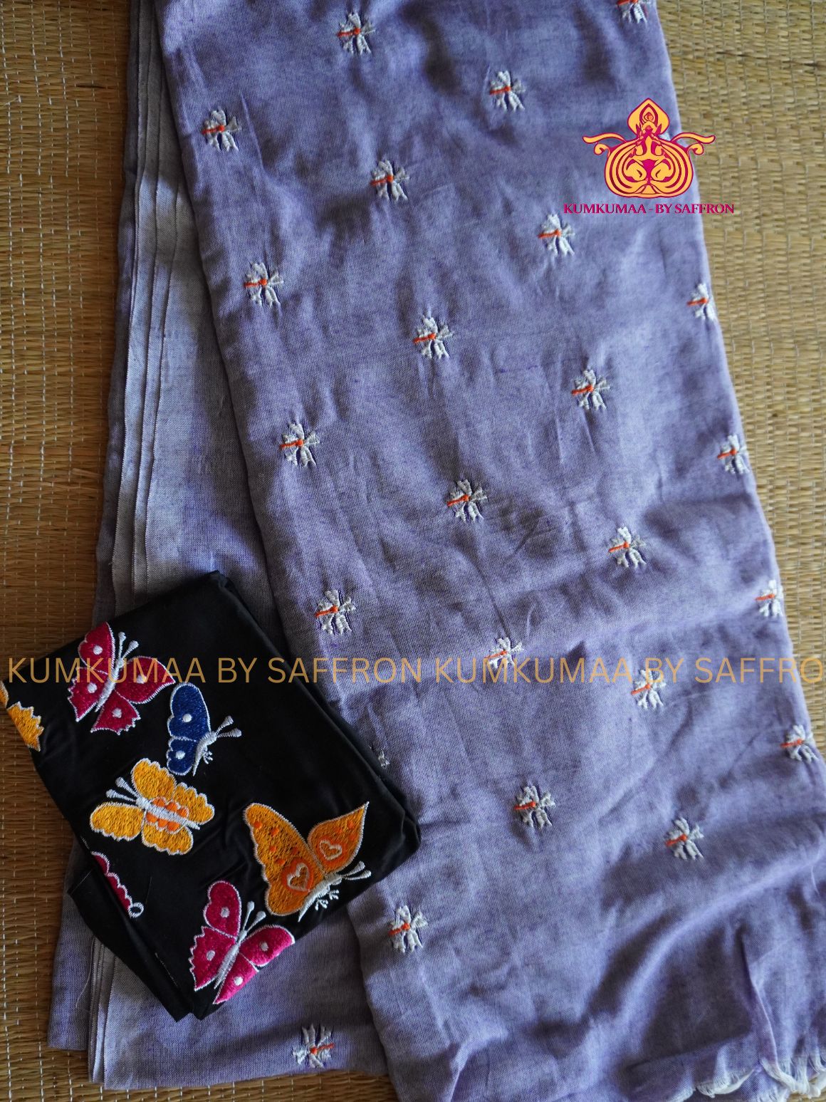 KATHI COTTON-INK BLUE SAREE WITH WHITE FLORAL EMBROIDERY- EXTRA BLOUSE WITH EMBROIDERY DESIGN - Kumkumaa Exclusive SOFT KADHI COTTON - FANCY COMFORT