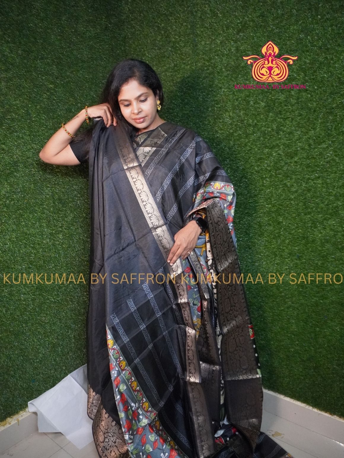 Dola Silk - COMFORTABLE FESTIVE Beautiful saree for women- BLACK - FOREST PRINT DESIGN - ZARI BORDER - KUMKUMAA TRENDY TRADITIONAL WEAR - Comfort - Confidence - Elegance