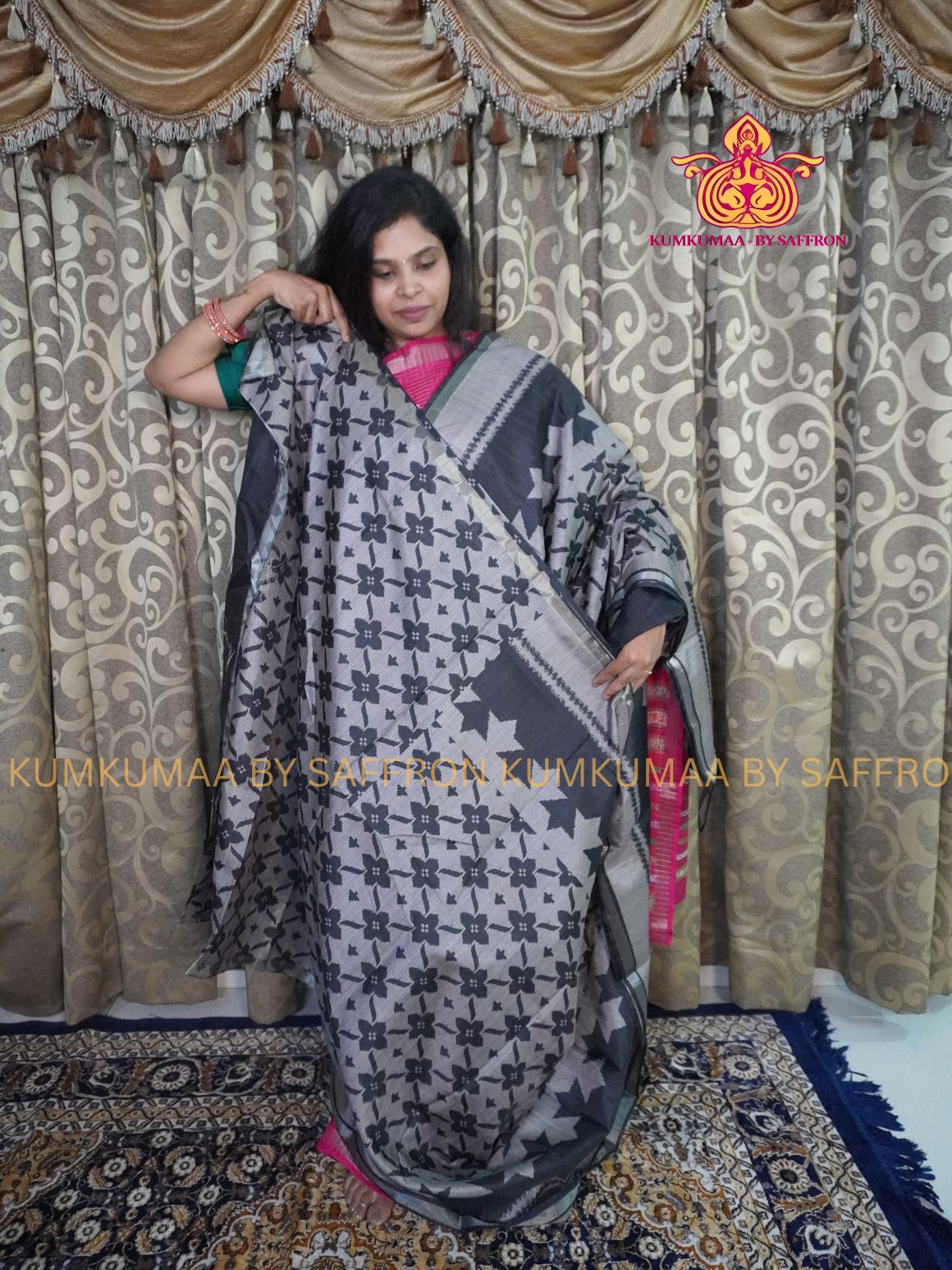TUSSAR SILK - BLACK - GEOMETRIC PRINTED SAREE - STRIPED PATTERN SAREE - MINIMALISTIC BORDER - LATEST COLLECTION - KUMKUMAA BY SAFFRON - UNIQUE DESIGN