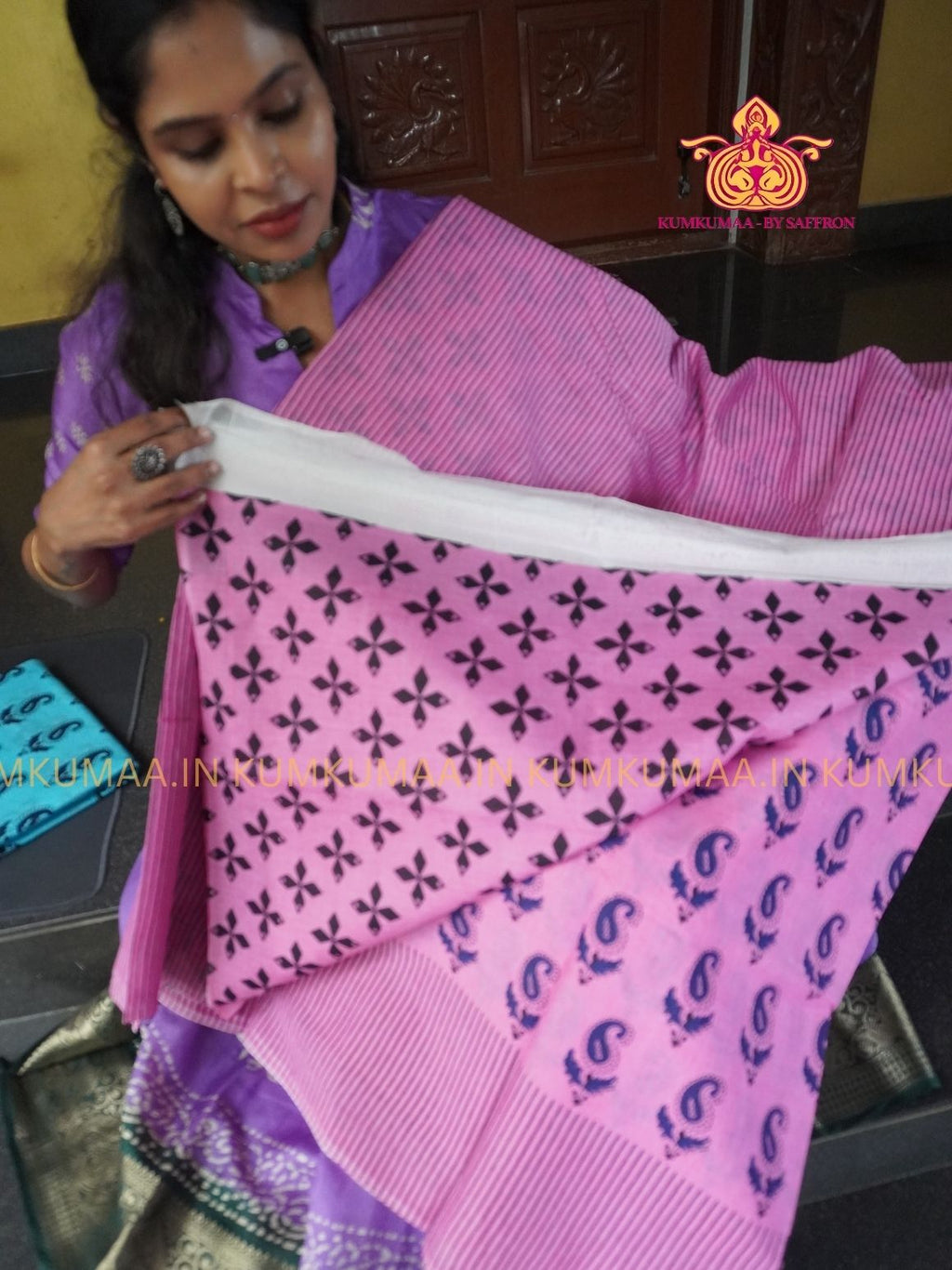 MUL COTTON-PINK & BLACK SAREE WITH BLOUSE - MANGO PRINT- SOFTEST EVERYDAY WEAR - BEST COTTON SAREE- COMFORT AND TRENDY - STYLE WITH COMFORT - Kumkumaa EVERYDAY SAREE