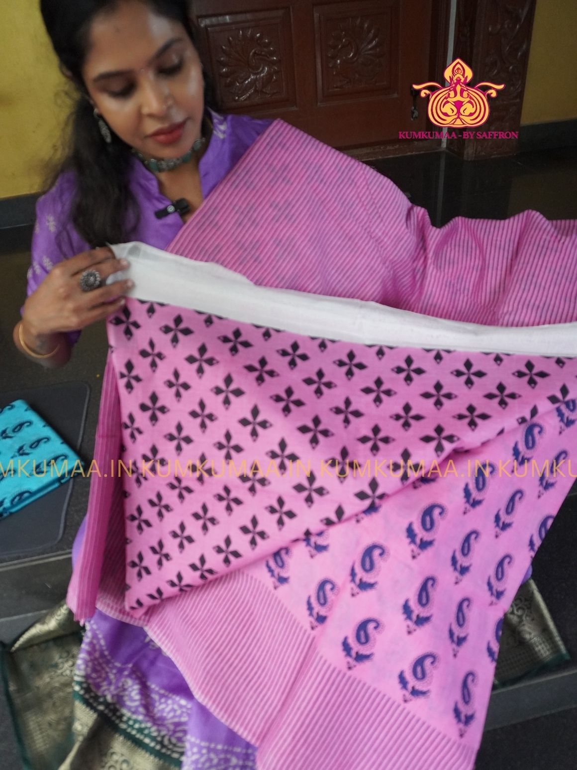 MUL COTTON-PINK & BLACK SAREE WITH BLOUSE - MANGO PRINT- SOFTEST EVERYDAY WEAR - BEST COTTON SAREE- COMFORT AND TRENDY - STYLE WITH COMFORT - Kumkumaa EVERYDAY SAREE