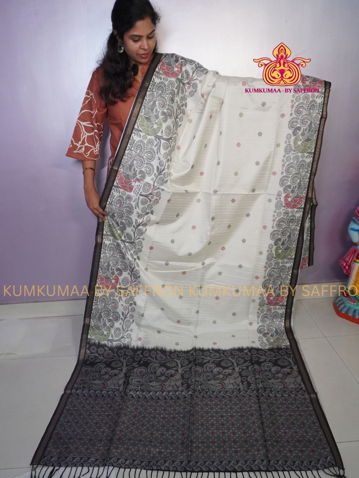 TUSSAR SILK -WHITE WITH BLACK FLORAL PRINTED SAREE - LATEST COLLECTION - KUMKUMAA BY SAFFRON - UNIQUE DESIGN