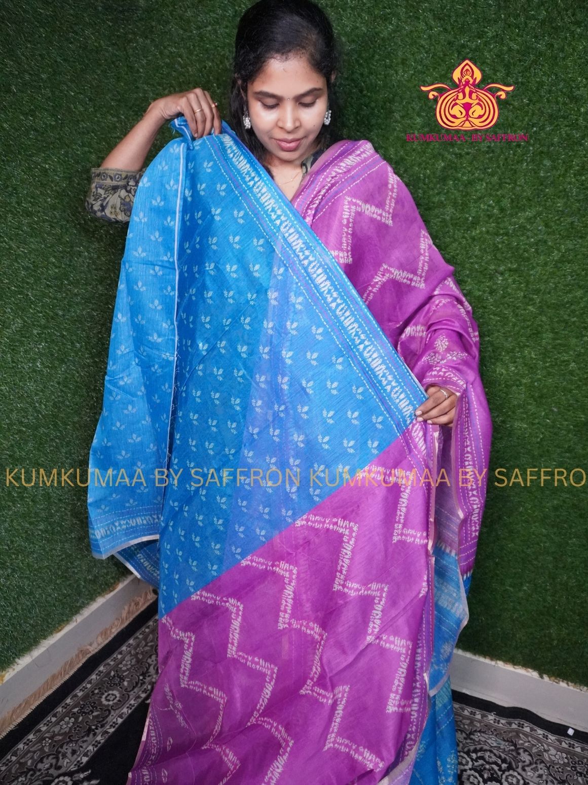 CHANDERI COTTON - PINKISH PURPLE WITH BLUE- TIE DYE DESIGN- PROFESSIONAL WEAR- MINIMALIST BORDER - LATEST COLLECTION - KUMKUMAA BY SAFFRON - ELITE DESIGN