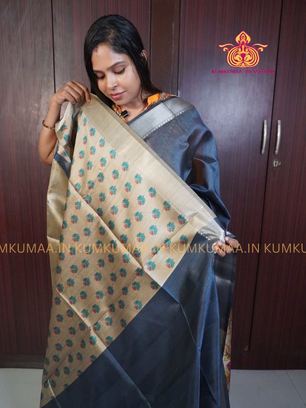 SEMI RAW SILK SAREE - NAVY BLUE AND LIGHT BLUE, BEIGE - PRINTED PALLU - TRENDY WEAR SAREE- Beautiful saree for women - KUMKUMAA TRENDY FOR ALL OCCASION