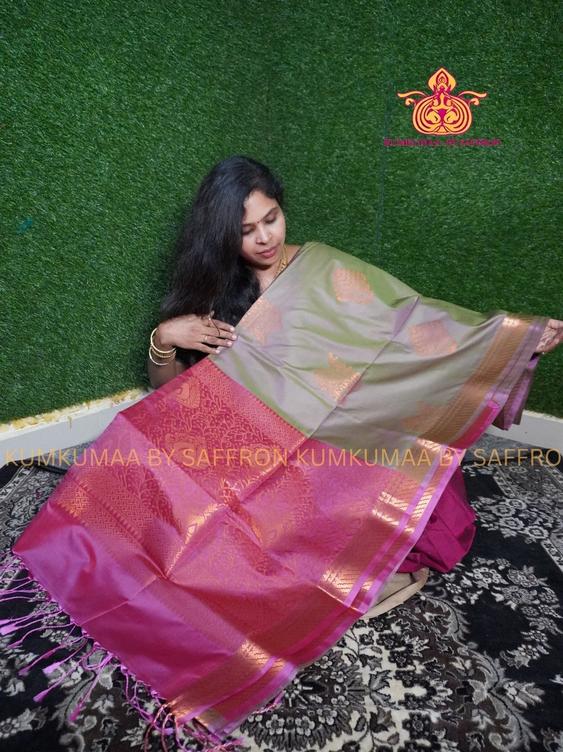 SOFT SILK - OLIVE GREEN - BABY PINK ELEGANT FESTIVE Beautiful saree for women -ZARI WEAVING- KUMKUMAA SPECIAL SOFT SILK SAREE - TRADITIONAL AND FESTIVE