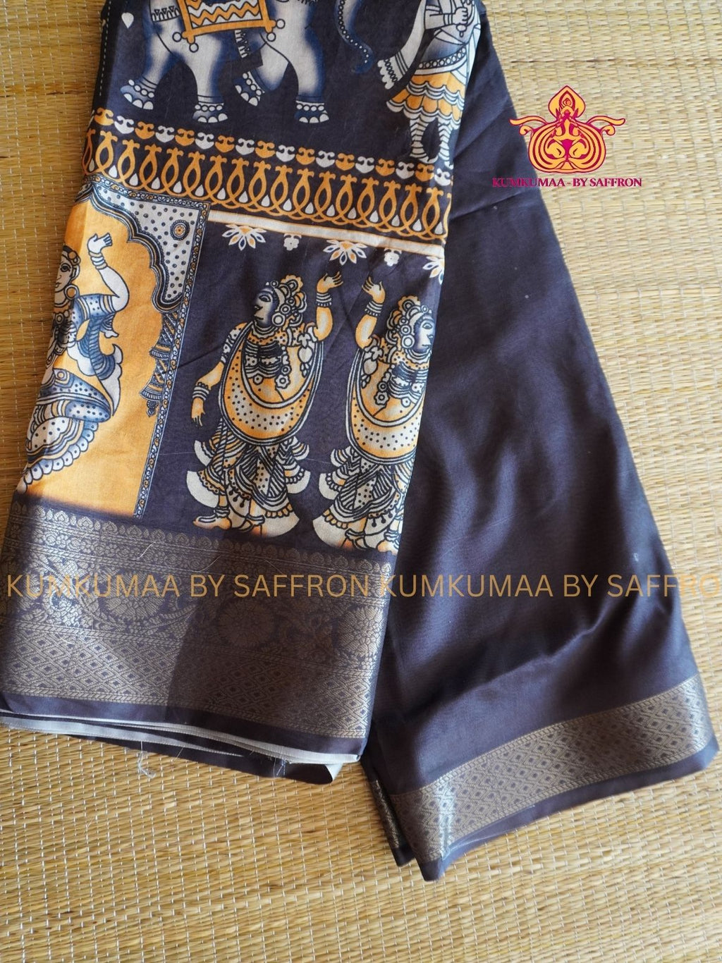 Dola Silk - COMFORTABLE FESTIVE Beautiful saree for women-BLACK AND YELLOW - ELEPHANT PRINT - KALAHASTI DESIGN- KUMKUMAA TRENDY TRADITIONAL WEAR - Comfort - Confidence - Elegance