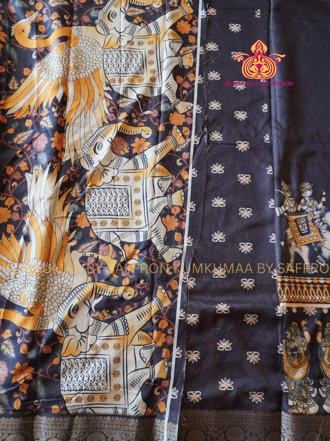 Dola Silk - COMFORTABLE FESTIVE Beautiful saree for women-BLACK AND YELLOW - ELEPHANT PRINT - KALAHASTI DESIGN- KUMKUMAA TRENDY TRADITIONAL WEAR - Comfort - Confidence - Elegance