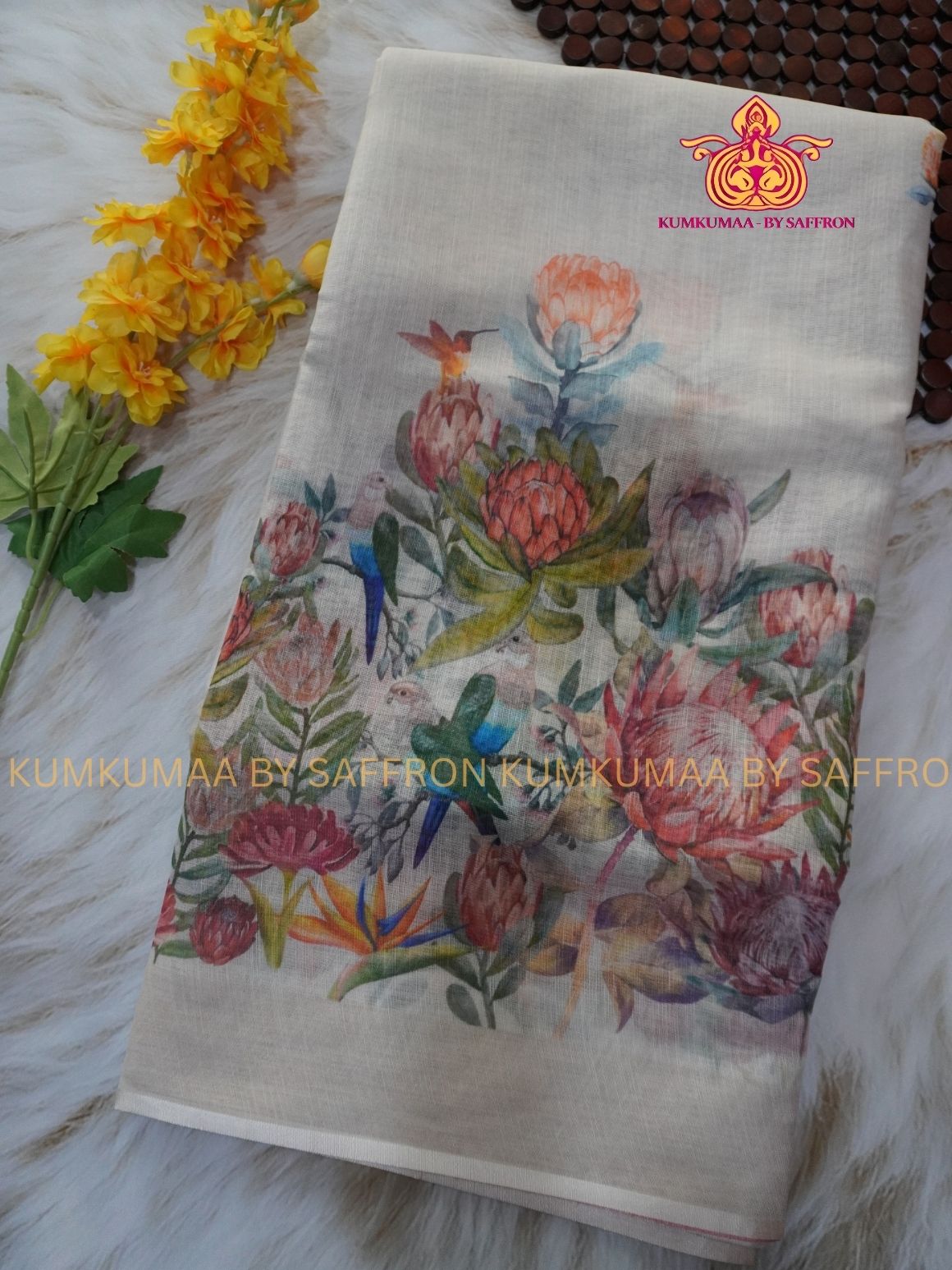 LINEN COTTON-WHITE COLOUR SAREE- PINK FLORAL DESIGN - Soft and comfortable everyday wear saree - WITH BLOUSE - Kumkumaa exclusive - Comfort wear Collection- Trendy and comfortable