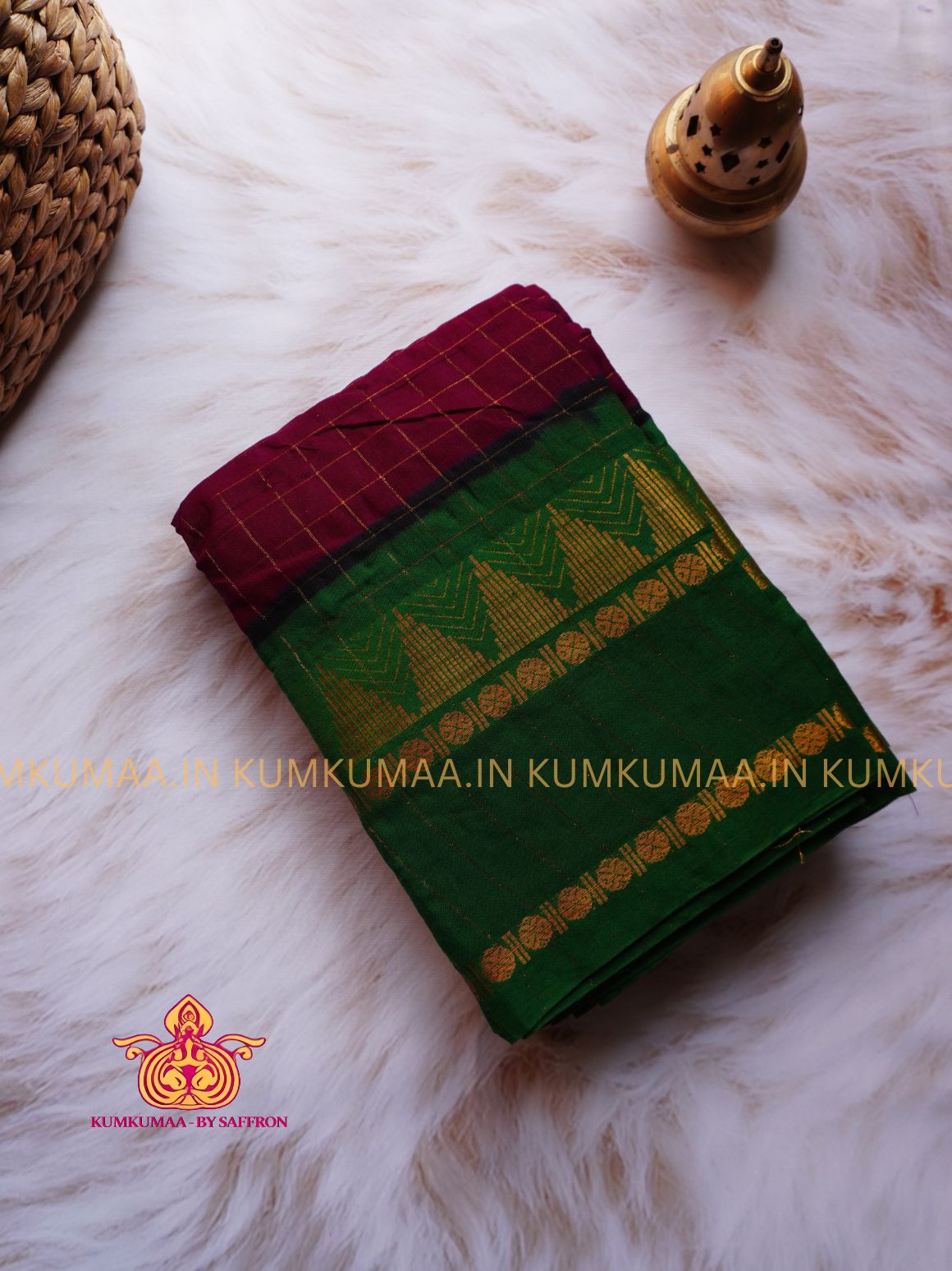 SUNGUDI COTTON- MAROON WITH DARK GREEN CHECKED WITH RETTAPET ZARI TEMPLE AND RUDHRAKSH BORDER - WITH BLOUSE - Kumkumaa comfort wear -Soft and breathable -Handloom