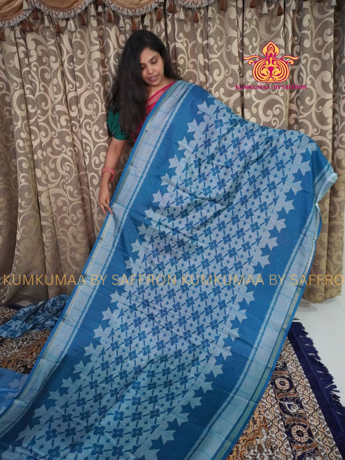 TUSSAR SILK - BLUE - GEOMETRIC PRINTED SAREE - STRIPED PATTERN SAREE - MINIMALISTIC BORDER - LATEST COLLECTION - KUMKUMAA BY SAFFRON - UNIQUE DESIGN