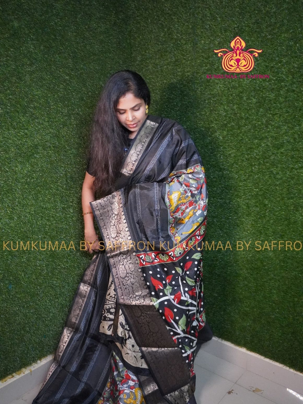 Dola Silk - COMFORTABLE FESTIVE Beautiful saree for women- BLACK - FOREST PRINT DESIGN - ZARI BORDER - KUMKUMAA TRENDY TRADITIONAL WEAR - Comfort - Confidence - Elegance