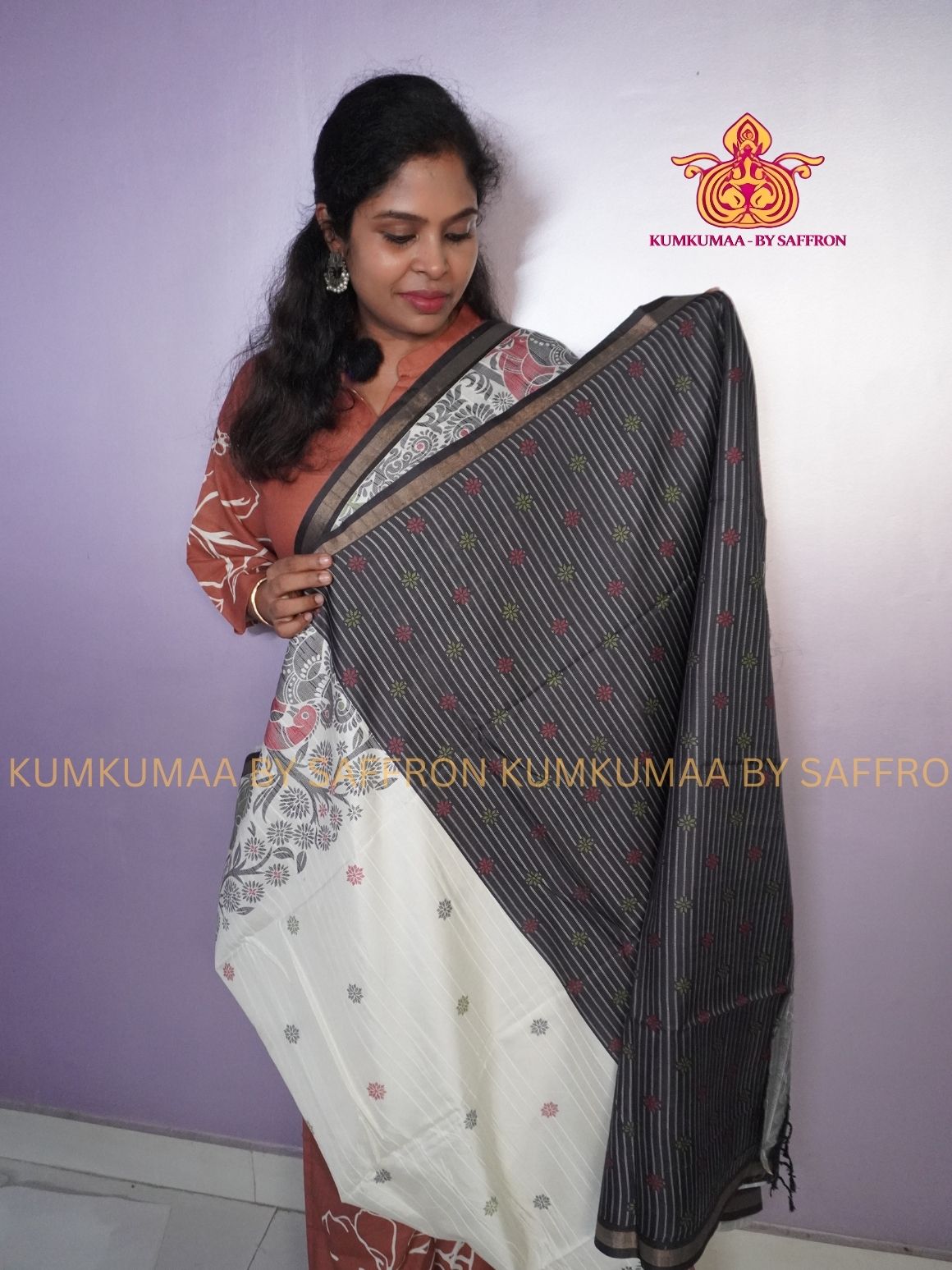 TUSSAR SILK -WHITE WITH BLACK FLORAL PRINTED SAREE - LATEST COLLECTION - KUMKUMAA BY SAFFRON - UNIQUE DESIGN