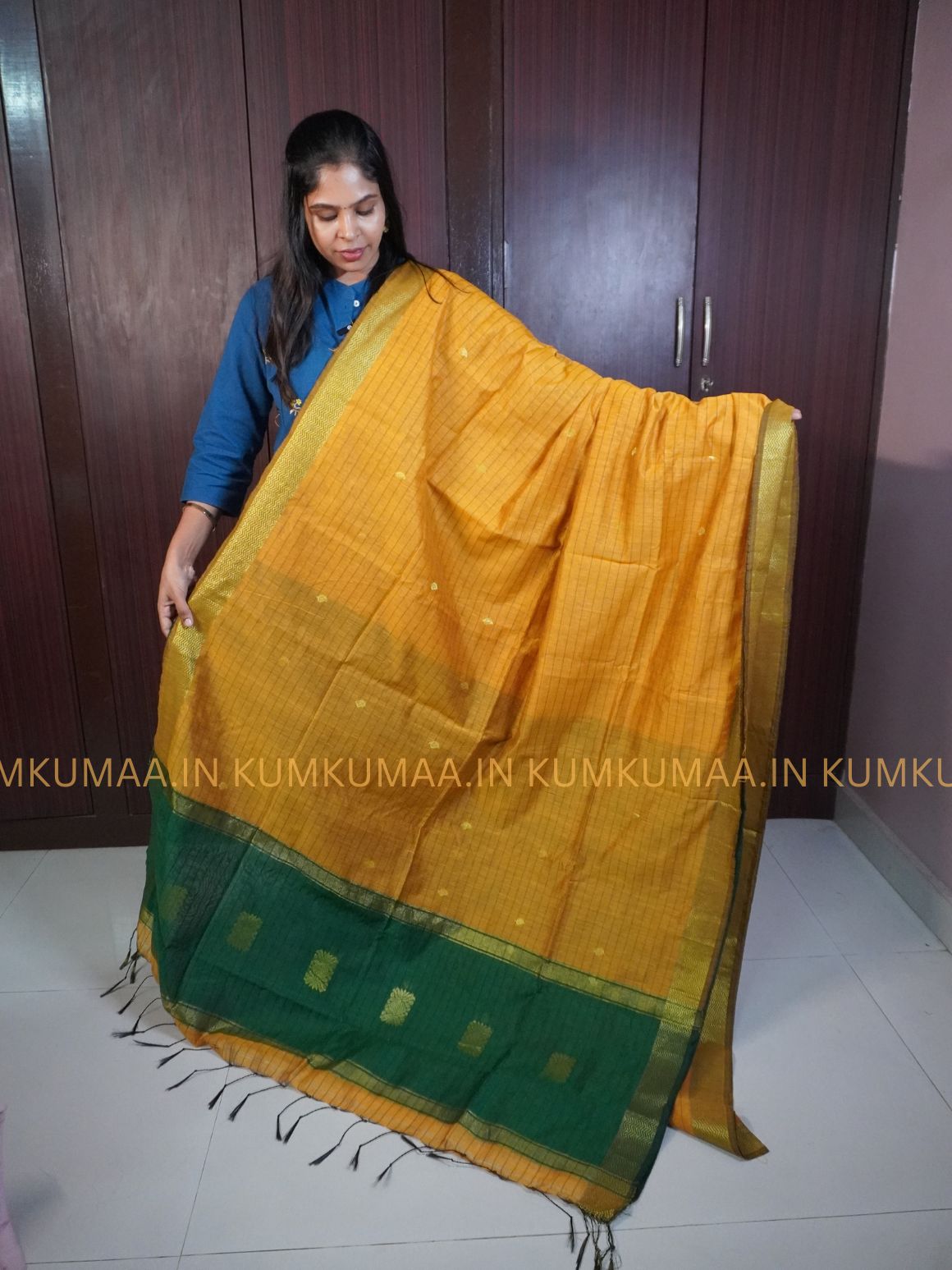 MAHESHWARI COTTON- YELLOW AND GREEN COLOUR STRIPED PRINT SAREE WITH BLOUSE - TRENDY - FLORAL DESIGN - Kumkumaa Exclusive COLLECTION - LATEST ELEGANT SAREE