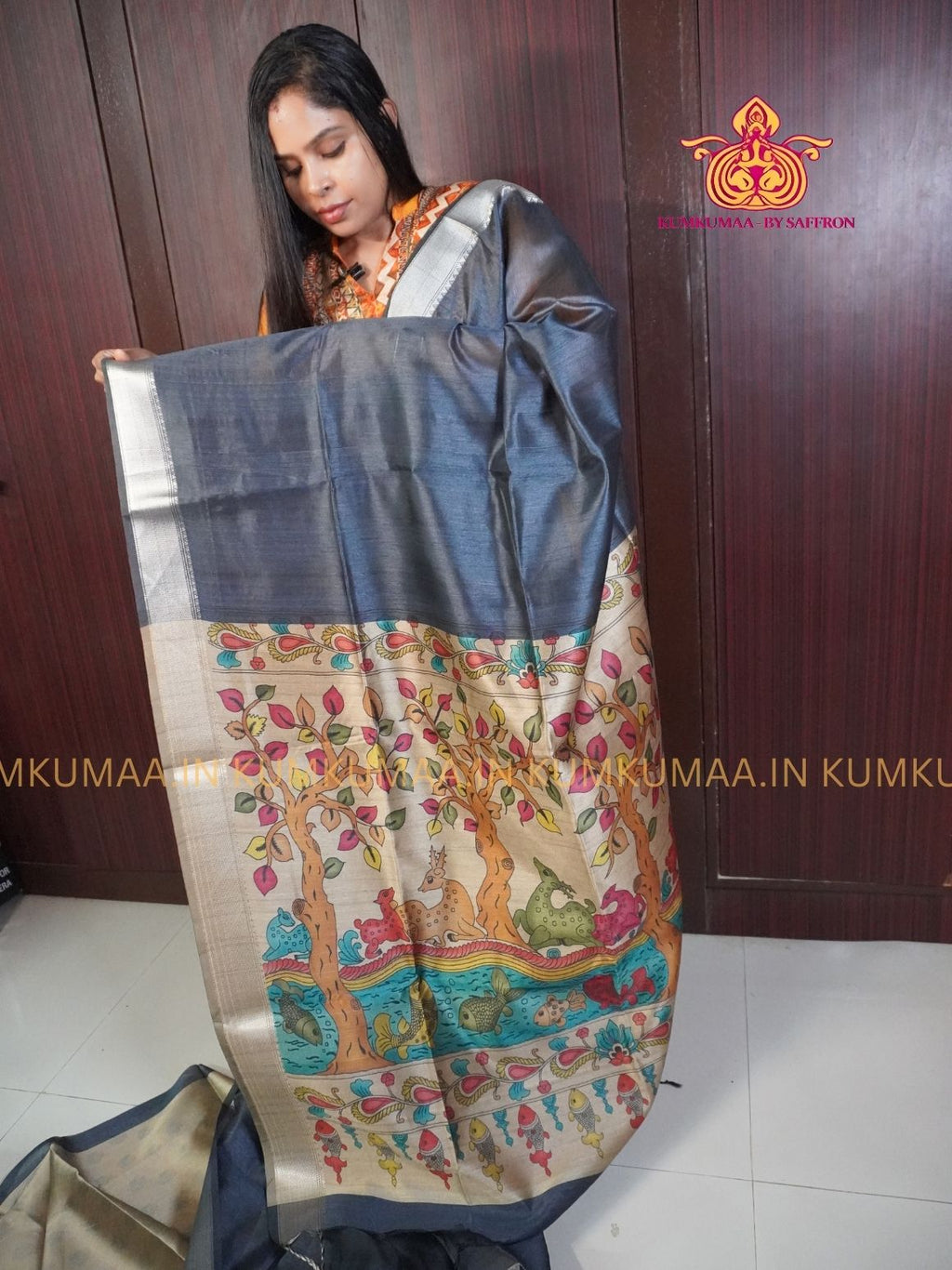 SEMI RAW SILK SAREE - NAVY BLUE AND LIGHT BLUE, BEIGE - PRINTED PALLU - TRENDY WEAR SAREE- Beautiful saree for women - KUMKUMAA TRENDY FOR ALL OCCASION