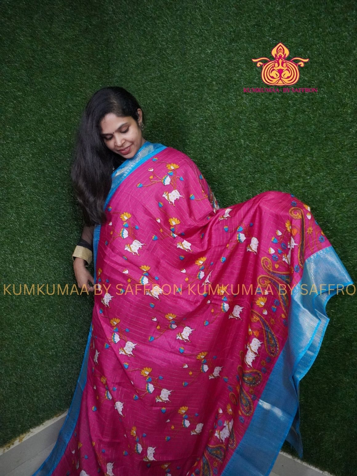 Dola Silk - COMFORTABLE FESTIVE Beautiful saree for women- PINK AND BLUE - PICHWAI PRINT - KUMKUMAA TRENDY TRADITIONAL WEAR - Comfort - Confidence - Elegance