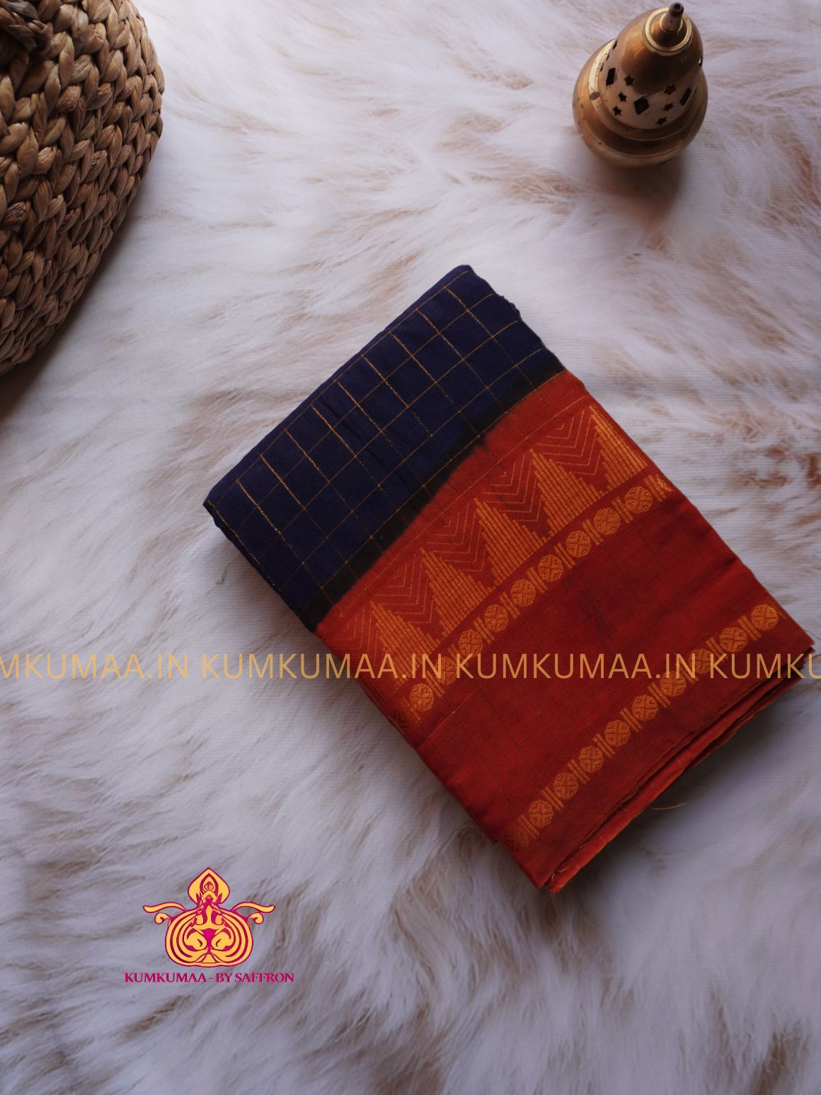 SUNGUDI COTTON- NAVY BLUE WITH ORANGE CHECKED WITH RETTAPET ZARI TEMPLE AND RUDHRAKSH BORDER - WITH BLOUSE - Kumkumaa comfort wear -Soft and breathable -Handloom