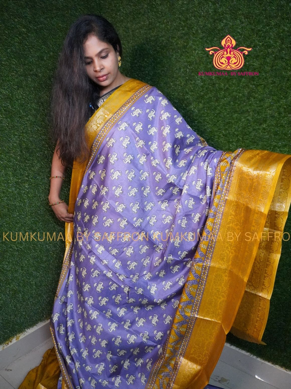 Dola Silk - COMFORTABLE FESTIVE Beautiful saree for women- LAVENDER AND YELLOW - ELEPHANT PRINT DESIGN - ZARI WEAVING BORDER - KUMKUMAA TRENDY TRADITIONAL WEAR - Comfort - Confidence - Elegance